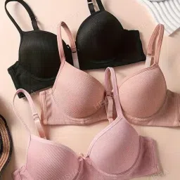 helisha Women's & Girl's Ribbed Cotton Material Seamless Soft Comfort Padded Pushup Bra (Pack of 2) Random Colours as per Availability image 1