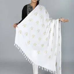 exotic india Prayer Shawl with Zari Embroidered Om Motif - Viscose Cotton image 1