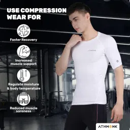 athmonk Compression T-Shirt Vest Body Shaper Half Sleeve for Men Boys Branded - Nylon Lycra Fabric - Workout Gym Cricket Football Sports Training - Keep Dry Tight Skin Fit - Round Neck image 1
