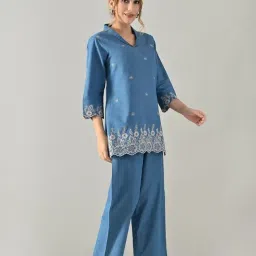 pr clothing Women's Denim Light Blue Coord Set With Beige Hem Embroidery | 3/4 Sleeve | V- Neck | Pant With Half Elatic With Draw Strings | Casual Wear | image 5