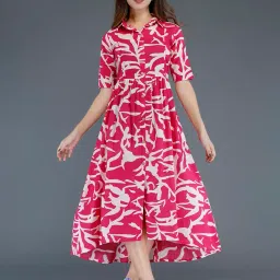 Women's Pink Rayon Button-Down Front Collar Neck Short Sleeves with Zipp Pink Floral Printed Maternity Kurti image 1