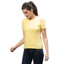 globus Women Yellow Solid Puff Sleeves Cotton T-Shirt image 3