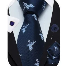 axlon Navy Blue Animal Print Tie For Men – Formal Ties Set With Pocket Square & Tie Pin Clip For Mens, Silk Neckties Gift Sets For Men’s (AX24_26) image 3
