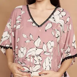 secret wish Rayon Floral Peach Maternity Kaftan/Free Size/Feeding/Nursing/Zipper/Drawstring/Printed/Full Length image 2