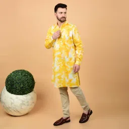 threadori Men’s Yellow All Over Printed Cotton Kurta | Lightweight | Full Sleeve | Band Collar | Side Pockets | Coconut Shell Buttons | Comfortable Everyday image 1