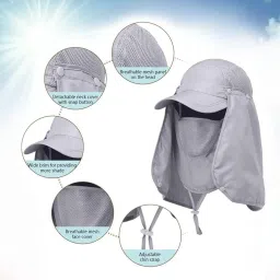 oligitdi Unisex Nylon Outdoor Sun Protection Hat With Face Protector (Grey), Free Size image 3