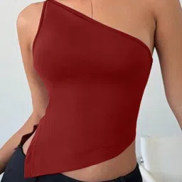 TIVANTE Solid Women's & Girl's Asymmetric One Shoulder Side Slit Crop Top for Women Sleeveless Top for Women image 4