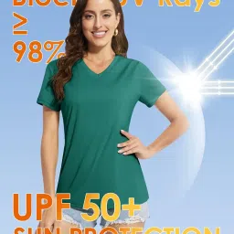 boladeci Women's Rash Guard Short Sleeve V Neck UPF 50+ Sun Protection Clothing Quick Dry UV SPF Swim Shirts, Emerald Green, Small image 1