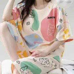 limnoria Women’s Cotton Pajama Set with Top & Short|| Korean Night Suit|| Lightweight Printed Set || Soft & Comfy Sleepwear for Girls & Women image 3