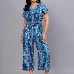Women’s Blue Tie-Dye Printed Rayon Jumpsuit with Belt & Pockets Casual Short Sleeve Wide-Leg One-Piece image 5
