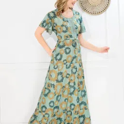 night shades | Alpine Frock Style Nighty | Nighty for Women Stylish | Women's Cotton Printed Long Maxi Nighty | Soft & Breathable Floral Nightwear Gown with Waist Tie image 3