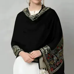 Elegant Winter Shawl/Stole with Floral Border, Black Wool Blend, Traditional Design with Tassels(30 * 80) image 3