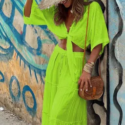 quecy Summer Fashion Two-Piece Set Deep V-Neck Top & Long Flared Skirt Green Co-ord Set for Women image 1