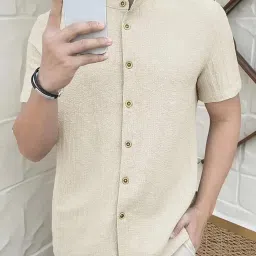 fabripple Men's Solid Textured Half Sleeve Shirt with Stylish Buttons | Band Collar Casual Shirt for Summer Wear image 4