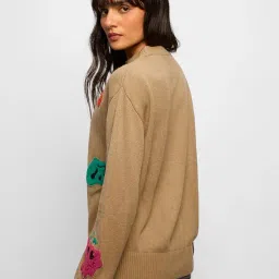 the souled store Trippy Smiles Women and Girls Long Sleeves Turtle Neck Beige Acrylic Oversized Sweaters image 3