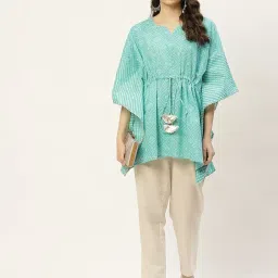 fabric fitoor Women's Cotton Blue & White Color Bandhej Print Waist tie ups Kimono Sleeves Kaftan Top image 5