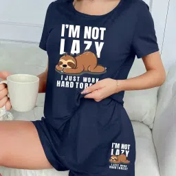 smowkly Women's Cotton Half Sleeve T-Shirt & Short Pyjama Set || Printed Top & Shorts Nightsuit Pair for Women || Casual Two-Piece Co-Ords Outfits image 4