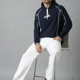 lewel Men's Stylish Multi Panelled Self Design Full Sleeve Hooded Sweatshirt (Navy) image 4