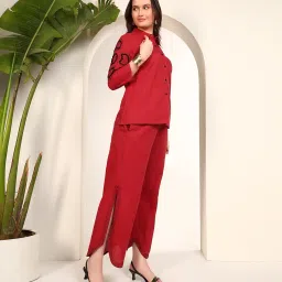 deebaco Solid Cotton Embroidered Shirt With Pants Co-Ord Set For Women's|Collar Neck 3/4 Sleeves Regular Fit Stylish Summer Western Casual Wear Ladies Trendy Cord Set image 5