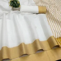 svarnvastraa Women's Trendy Cotton Silk Saree with Blouse Material || Pongal ONAM WHITE South Indian kerala Saree With Blouse Piece image 3