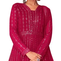 miss ethnik Women's Faux Georgette Stitched Top With Unstitched Santoon Bottom and Dupatta Full Sleeve Embroidered Anarkali Gown image 2