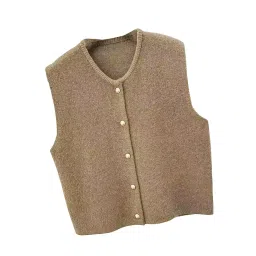 the style sutra Women Knit Cardigan Vest Button Waistcoat for Commuting Indoor Office Khaki image 4