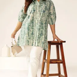 janasya Women's Plus Size Aqua Blue Pure Cotton Tie & Dye A-line Tunic image 1