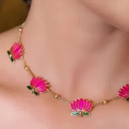 diva inspire Women Gold-Plated Minakari Lotus Necklace with Earrings image 3