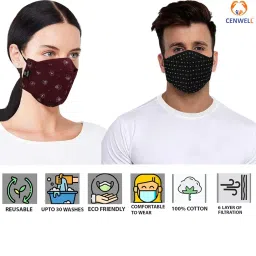 cenwell Pure Cotton Face Mask with Adjustable Ear Loop & Free Ear Saver Strap. Washable Reusable & Breathable Mask for Men & Women image 2