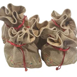 fabjute Natural Jute Potli Bags with Lining for Return Gifts (5 Pieces of 9x7 Inches Each) (Golden Zari Border) image 4