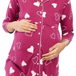zeyo Women's Cotton Heart Printed Maternity & Feeding Night Suit Set Of Top & Pajama Set Nursing Night Dress 5634 image 1