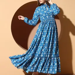 kzully | Dress for Women | Boho Floral Maxi | Long Sleeve High Neck | Anarkali Style A-Line | Casual & Ethnic Wear image 3