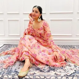 jyeshta Floral Anarkali Suit Set with Dupatta, Pink Georgette Gown, Long Designer Wedding Guest Dress image 2