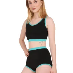 CREVOX Two Piece Swim Wear/Swim Suit with Solid Black Crop Top & Black Bottom for Women | Non Padded | 100% Nylon | Swimming Costume | image 2