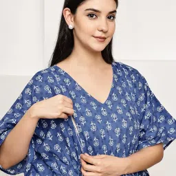 secret wish Floral Printed Blue Cotton Maternity Kaftan & Feeding Kaftan for Women | Loose Fit Nursing Kaftan Nighty with Zipper image 3