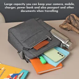 wooum Dark Grey Sling Bag for Men & Women | Water Resistant Khadi Milange Fabric | 3 Zipper Compartments | Adjustable Strap | 500ml Bottle Holder | Travel & Daily Use Crossbody Bag image 3