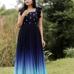 foxdx Women's Georgette Ankle Length Dual Shaded Flared Embroidered Gown image 3