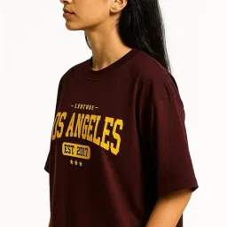 leotude Women's Oversized Cottonblend Half Sleeve Drop Shoulder Printed Tshirt (Color Brown) image 2