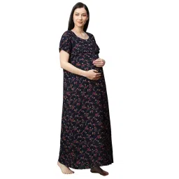 momtobe Women's Cotton Blend Maxi Maternity Nighty/Feeding Nighty/Pregnancy Night Gown/A-Line Nursing Nighty With Zippers for Nursing Pre and Post Pregnancy - (2001mtbnvyflrfn-Free_Oxford Blue_Free Size) image 2