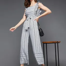 miss chase Women's Striped Square Neck Frilled Crepe Relaxed Fit Tie-Up Regular Jumpsuit with Pockets image 5
