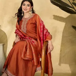 shewill Gown for Women - Orange Vichitra Silk Zari Sequence Thread and Cording Embroidered Ethnic Gown with Flared Design for Women image 1