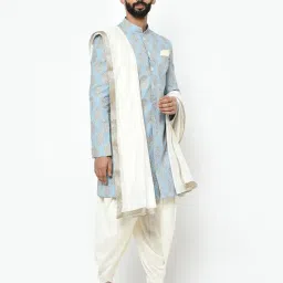 kisah Men's Indo-Western Sherwani Dhoti With Dupatta Set, Blue Cotton Blend Printed Regular Fit Mandarin Collar Full Sleeves image 1