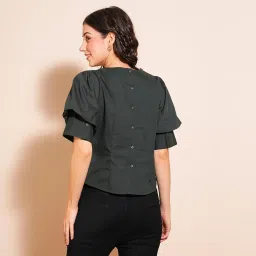 globus Women Puff Sleeve Round Neck Back Button Shirt Style Workwear Top image 2