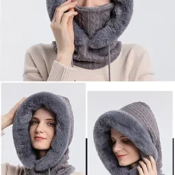 luchike Winter Mask Hood Ski Faux Fur Hat Warm Plush Hat Winter Hat and Scarf Set for Men Women image 4