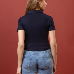 miniorra Womens Short Sleeve|Polo and Blouses Zippered Collared Business Casual Polo|Slim Fit Work Polo-DZ-05-NAVY_L image 5
