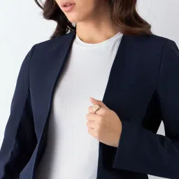 powersutra Women's Navy Blue Minimalist Regular Fit Blazer with Trousers in Stretchable Fabric | Casual Wear | Formal Suit | Single-Breasted Blazer with Collarless Neck & Button Closure for Office image 1