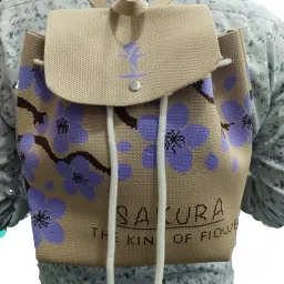 Manjeri Floral Canvas Picnic Bag, Khaki with Blue Cherry Blossoms, Drawstring Closure, King of Flowers Collection image 1