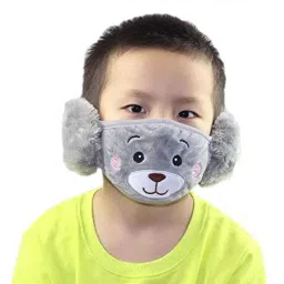 foxston Kids Girl's and Boys' Warm Winter Face Mask with Plush Ear Muffs Covers, Grey & Blue color, (3 Years to 10 Years) for Autumn Winter (Set of 2 piece) image 1