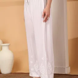 khaka Chikankari Lucknowi Handwork Heavy Work Plazzo On Soft Modal Fabric Fits Upto Waist 26inches to 46inches White image 1