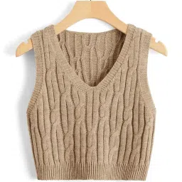 gudmart Women Vintage V Neck Cable Knit Sweater Vest Sleeveless Cropped Sweaters Pullover Knit Tank Top image 1